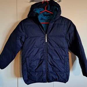 Hanna Andersson boys 120 or 6/7 reversible navy/teal jacket size tag removed EUC